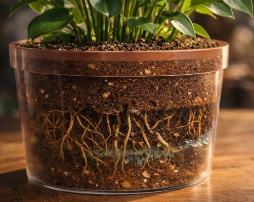 Transparent plant pot showing root system and soil layers